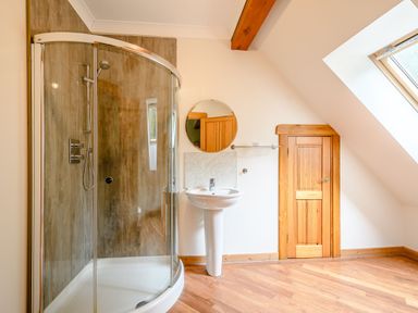 A bathroom with a shower and sink at Eagle Spa Plus (Pet) in Dundee