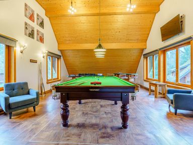 A game room with a snooker table and seating at The Braveheart (Pet) Dundee