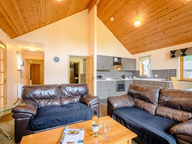 A living room with a sofa and kitchen area at Muirloch Spa Plus in Dundee