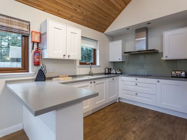A kitchen with cabinets and appliances at Raeburn Premier Spa (Pet) Dundee