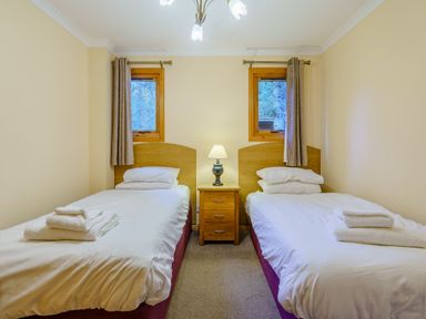 A bedroom with two beds and a bedside table at Osprey Lodge (Pet) Dundee