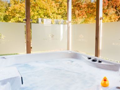 A hot tub with a rubber duck and glass panels at Dovecote in Waltham