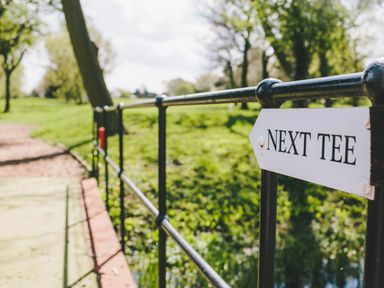 A sign indicating next tee on a golf course at The View in Waltham