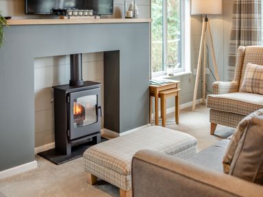 A living room with a fireplace and seating area at Argel Spa in Praze-An-Beeble