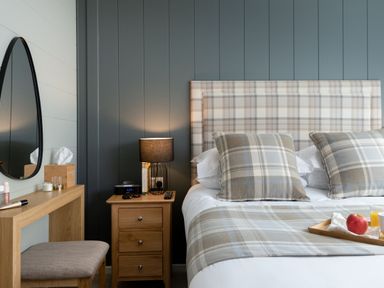 A bedroom with a bed, bedside table, and mirror at Argel Spa Pet in Praze-An-Beeble