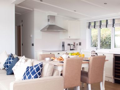 A kitchen with a dining area featuring a table and chairs at Milk Wood 2 Spa Laugharne