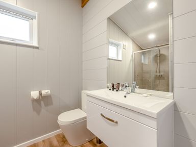 A bathroom featuring a shower, toilet, and hand basin at Sonnet 2 Spa in Laugharne