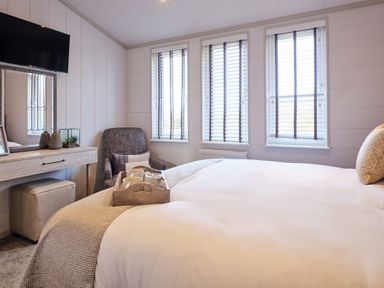 A bedroom with a bed and a mirror at Epic Spa in Laugharne