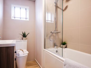 A bathroom with a shower and bathtub at Epic Spa (Pet) in Laugharne