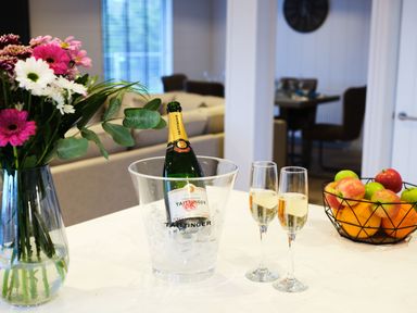 A kitchen with a champagne bottle in an ice bucket and glasses on the counter at Epic Spa (Pet) in Laugharne