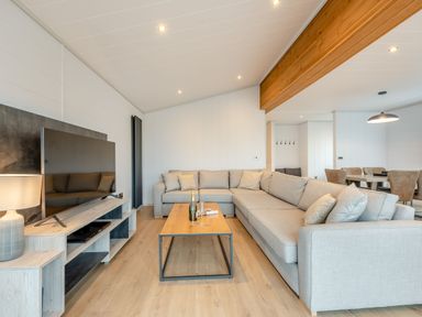A living room with a sofa and television at Epic Spa (Roof Terrace) Laugharne