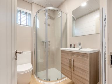 A bathroom with a shower and a toilet at Epic Spa (Roof Terrace) in Laugharne