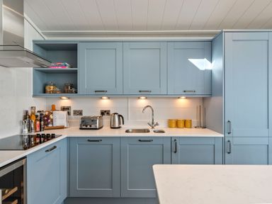 A kitchen with blue cabinets and a sink at Apex Spa (Pet) Laugharne