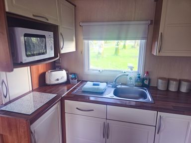 A kitchen with a sink and microwave at Caravan 1 at Blackmoor Farm near Tenby