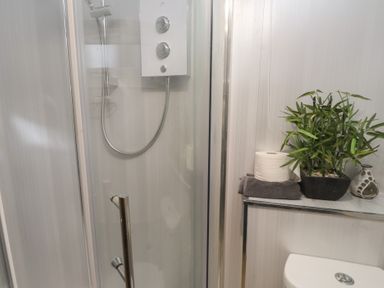 A bathroom with a shower and toilet at 20 Chatham Log Cabins Caernarfon