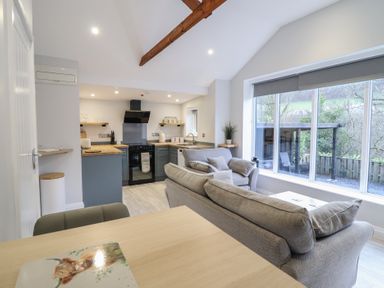 A living room with a sofa and kitchen area at Lodge at Nadur