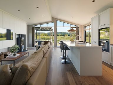 A kitchen with a kitchen island and stools at Fell Side in Penrith