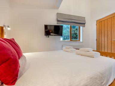 A bedroom with a bed and television at Piran Spa Lodge Pet Perranporth
