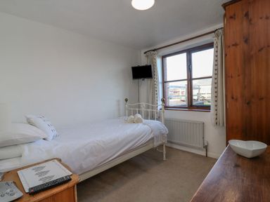 A bedroom with a bed and television at Long Linney in Bideford