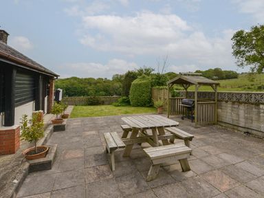 A garden with a picnic table and barbecue at Long Linney in Bideford
