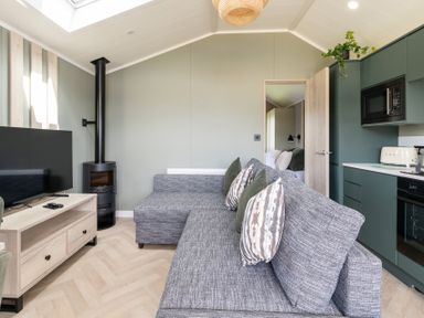 A living room with a sofa and television at The Oasis in Great Ayton