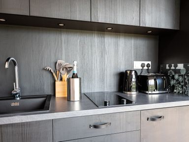 A kitchen with a sink, utensils, kettle and toaster at The Dome (Pet) in Great Ayton