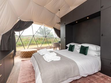 A bedroom with a bed and windows at The Dome (Pet) Great Ayton