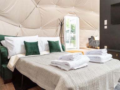 A bedroom with a sofa bed and towels at The Dome (Pet) Great Ayton