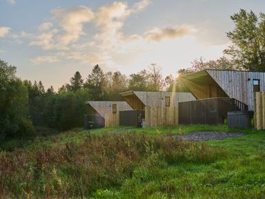 Wooden cabins in a grassy area at Orka 1.0 (Pet) Dumfries