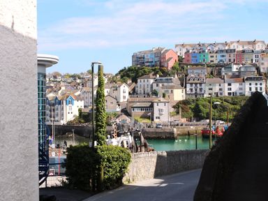 A view of colorful houses and a harbor at Rockfish Cottage in Brixham
