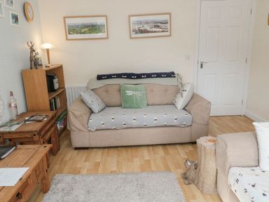 A living room with a couch and bookshelf at Ramblers Cottage in Alnwick