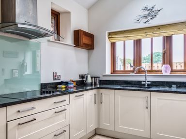 A kitchen with a sink and kettle at Woodyplatt in Marhamchurch