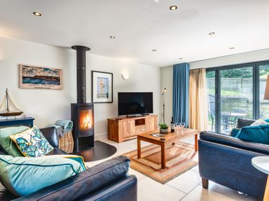 A living room with a fireplace and a television at Chapel Park in Marhamchurch
