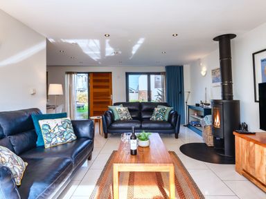 A living room with sofas and a fireplace at Chapel Park in Marhamchurch
