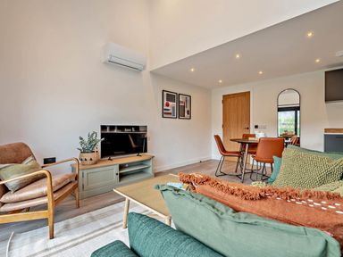 A living room with a sofa and tv stand at Arvor Duplex 2.0 in Marhamchurch
