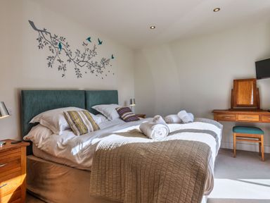 A bedroom with a bed and desk at Sheep's House in Marhamchurch