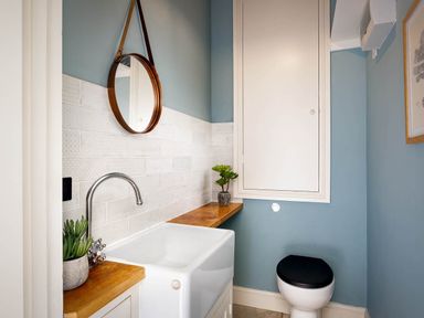 A bathroom with sink, toilet and mirror at Whalesborough Farmhouse Spa, Marhamchurch