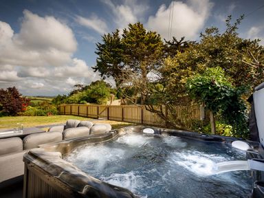 A hot tub with outdoor furniture and trees at Whalesborough Farmhouse Spa in Marhamchurch