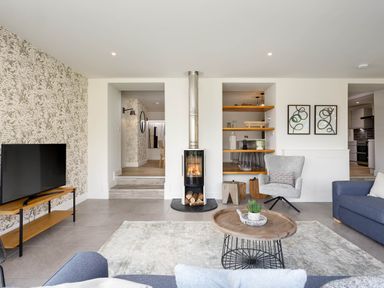 A living room with a television and a fireplace at Whalesborough Cottage Spa, Marhamchurch