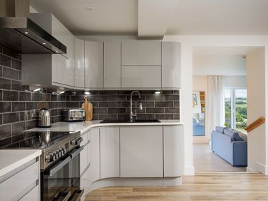 A kitchen with appliances and cabinetry at Whalesborough Cottage Spa Marhamchurch