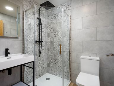 A bathroom with shower, toilet, and sink at Whalesborough Cottage Spa in Marhamchurch