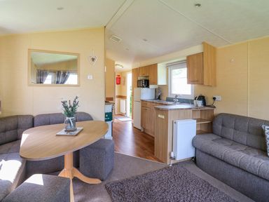 A living room with seating and kitchen area at Caravan 2 at Blackmoor Farm near tenby