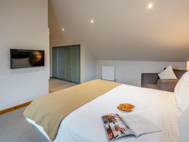 A bedroom with a bed and television at Tranquillity 4 (Pet) Carnforth