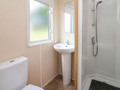 A bathroom with a shower, toilet, and sink at Caravan 3 at Blackmoor Farm near tenby in Narberth