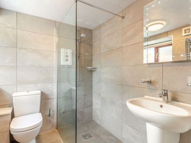 A bathroom with a shower, toilet, and sink at Crabtree Cottage in Bude