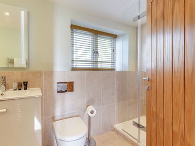 A bathroom with a shower and sink at Godolphin Stable in Bude