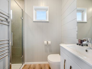 A bathroom with a shower and sink at Mullion 2 Spa (Pet) Bude