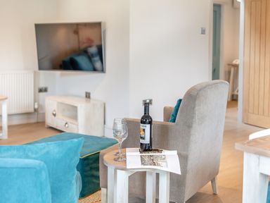 A living room with a chair and table at Summerleaze Garden Cottage 3 Spa in Bude