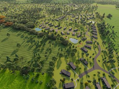 An aerial view of cabins and greenery at Cabin 2.0 Deluxe in Dumfries