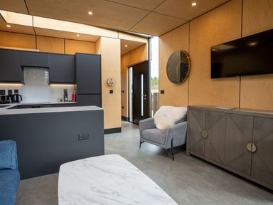 A living room with a kitchen and a sofa at Orka Duo 2.0 (Pet) Dumfries